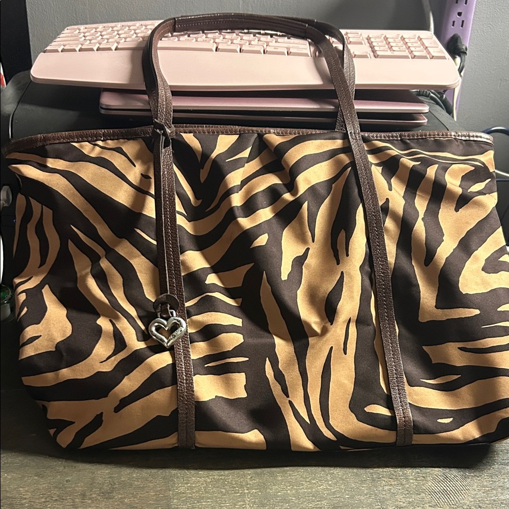 Large Brighton Nylon‎ Brown and Tan Zebra Print Tote Bag - Leather & Silver trim